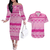 Hawaiian Hibiscus Honu Couples Matching Off The Shoulder Long Sleeve Dress and Hawaiian Shirt Pink Mele Kalikimaka Palaka Spirit - Polynesian Pride