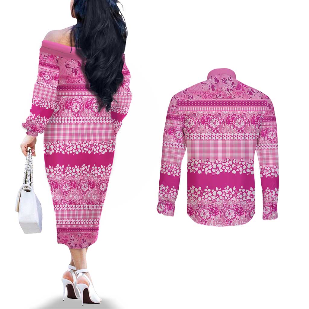 Hawaiian Hibiscus Honu Couples Matching Off The Shoulder Long Sleeve Dress and Long Sleeve Button Shirt Pink Mele Kalikimaka Palaka Spirit - Polynesian Pride