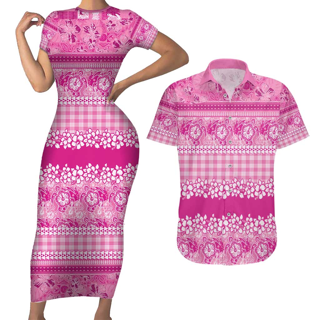 Hawaiian Hibiscus Honu Couples Matching Short Sleeve Bodycon Dress and Hawaiian Shirt Pink Mele Kalikimaka Palaka Spirit - Polynesian Pride