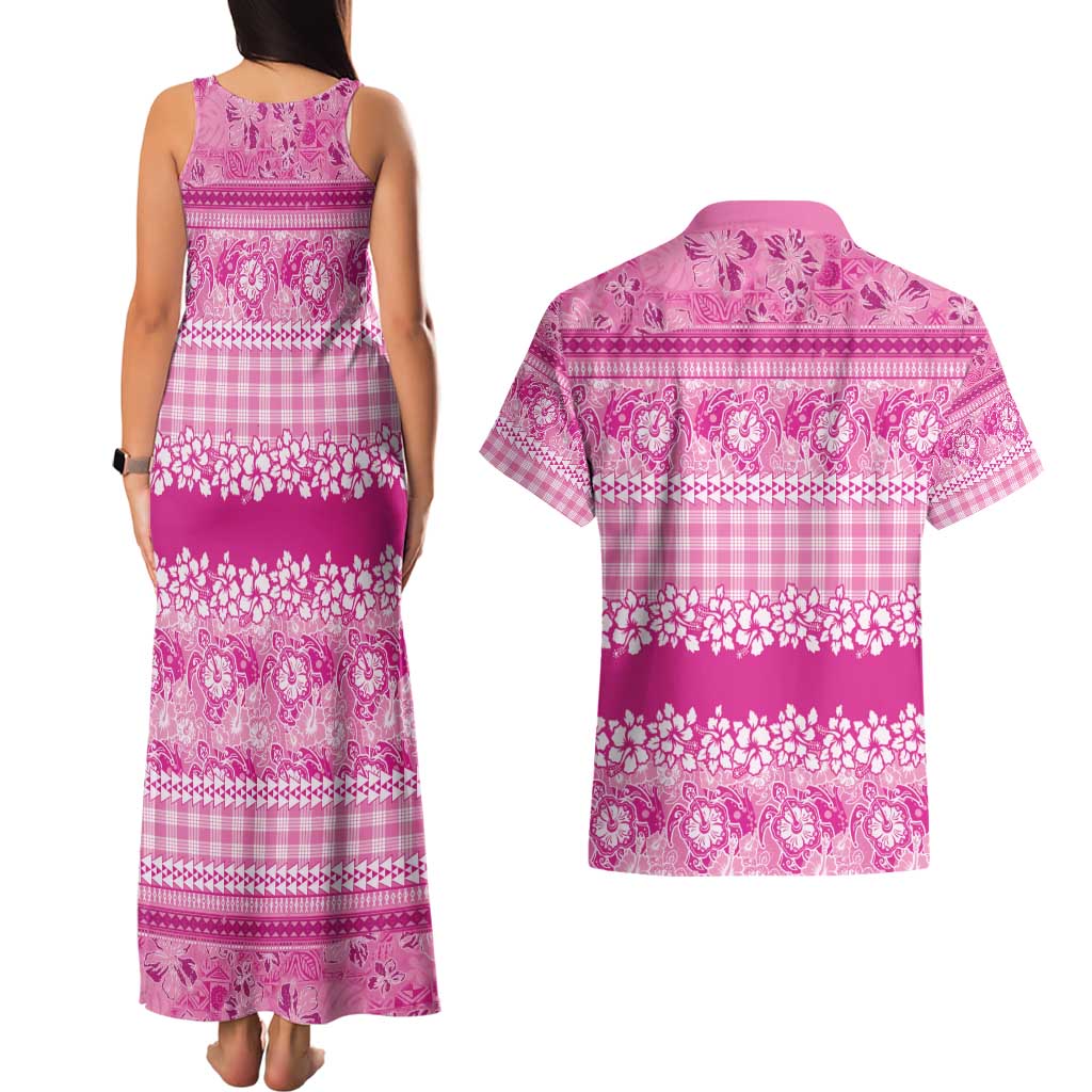 Hawaiian Hibiscus Honu Couples Matching Tank Maxi Dress and Hawaiian Shirt Pink Mele Kalikimaka Palaka Spirit - Polynesian Pride