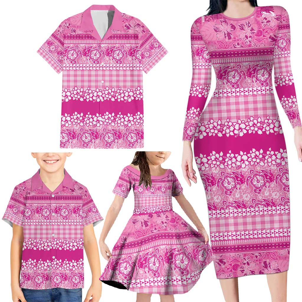 Hawaiian Hibiscus Honu Family Matching Long Sleeve Bodycon Dress and Hawaiian Shirt Pink Mele Kalikimaka Palaka Spirit - Polynesian Pride