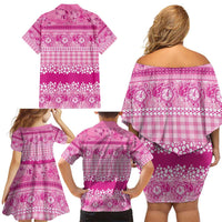 Hawaiian Hibiscus Honu Family Matching Off Shoulder Short Dress and Hawaiian Shirt Pink Mele Kalikimaka Palaka Spirit - Polynesian Pride