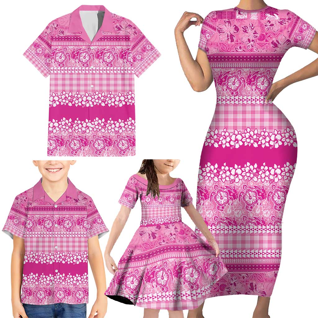 Hawaiian Hibiscus Honu Family Matching Short Sleeve Bodycon Dress and Hawaiian Shirt Pink Mele Kalikimaka Palaka Spirit - Polynesian Pride