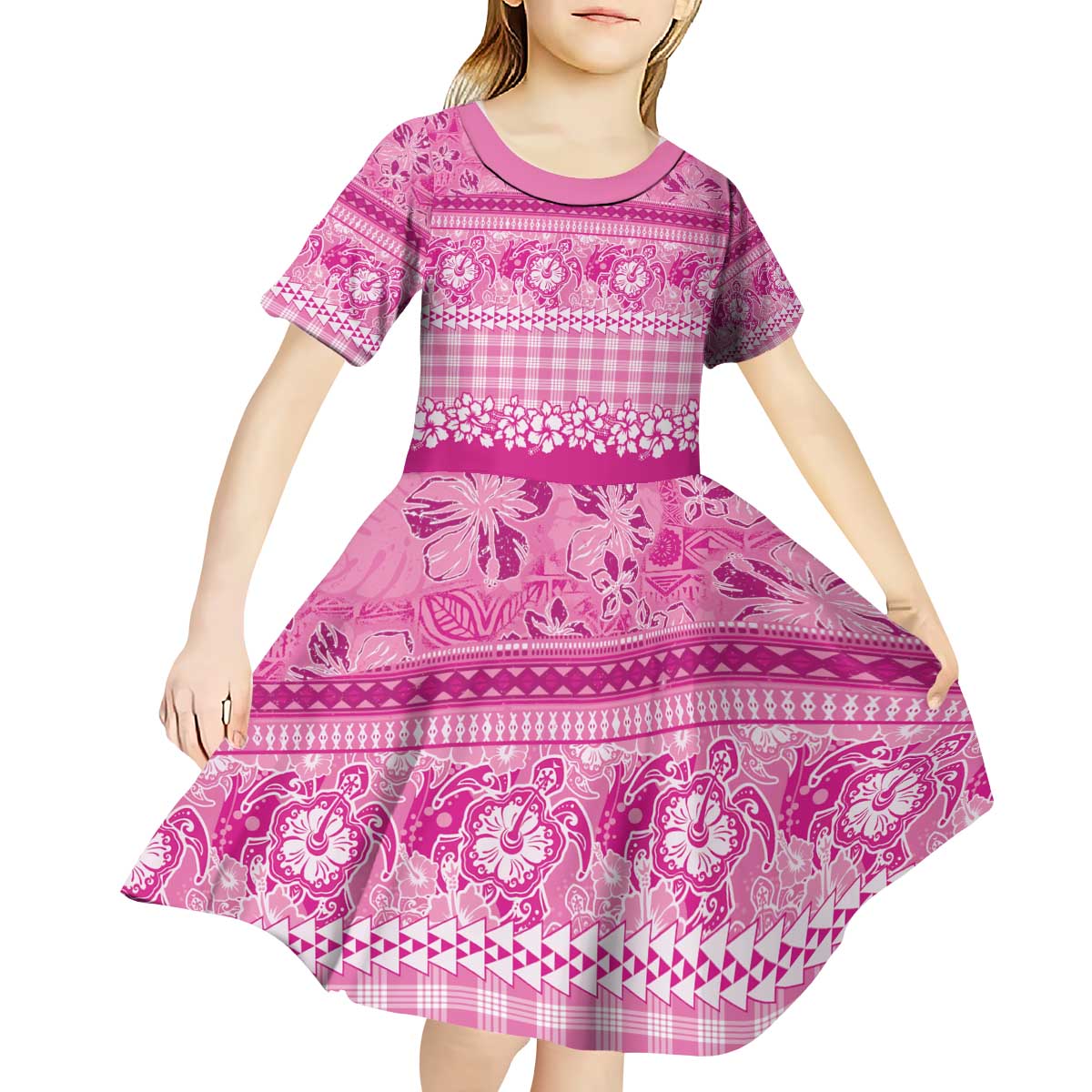Hawaiian Hibiscus Honu Kid Short Sleeve Dress Pink Mele Kalikimaka Palaka Spirit - Polynesian Pride