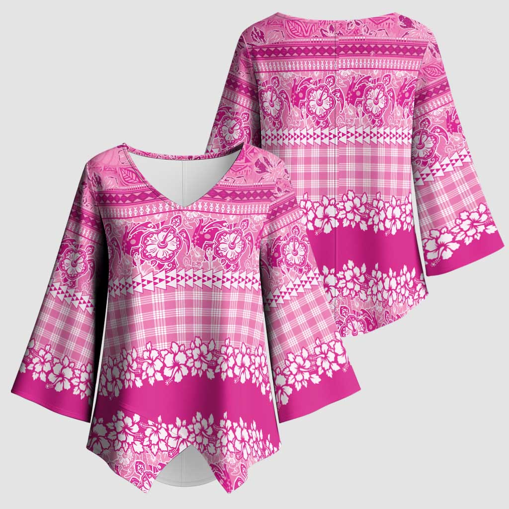 Hawaiian Hibiscus Honu Kimono Sleeve Blouse Pink Mele Kalikimaka Palaka Spirit - Polynesian Pride