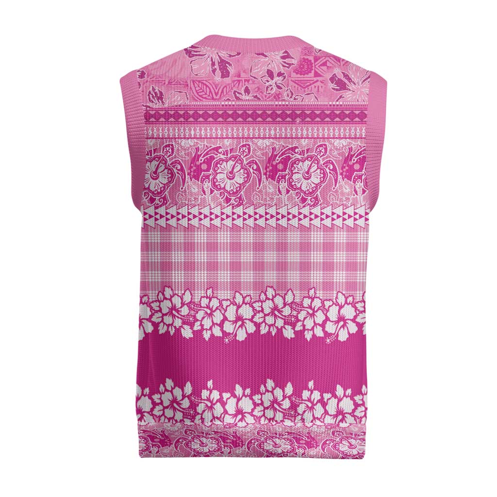 Hawaiian Hibiscus Honu Christmas Knitted V-Neck Vest Pink Mele Kalikimaka Palaka Spirit - Polynesian Pride