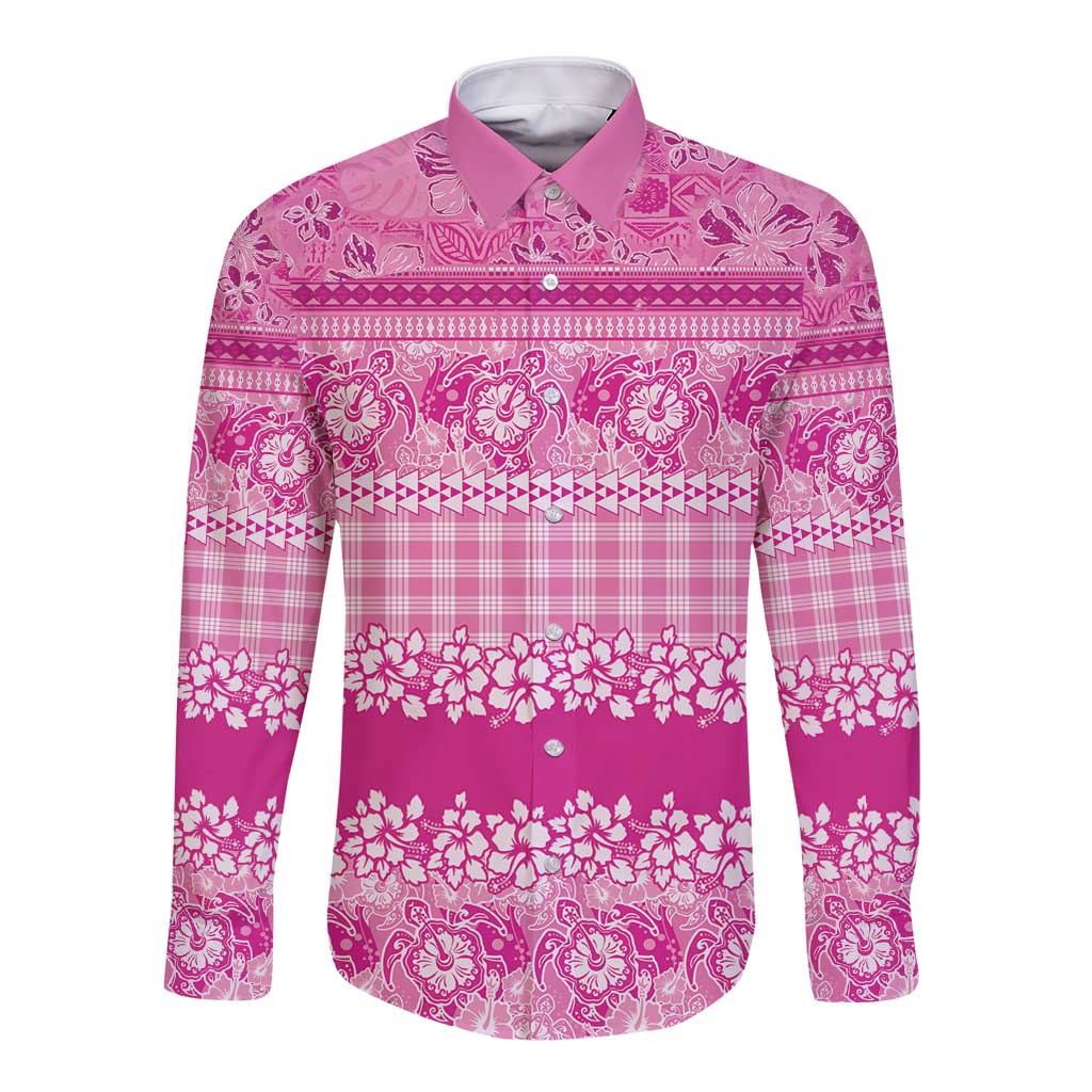 Hawaiian Hibiscus Honu Long Sleeve Button Shirt Pink Mele Kalikimaka Palaka Spirit - Polynesian Pride