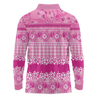 Hawaiian Hibiscus Honu Long Sleeve Polo Shirt Pink Mele Kalikimaka Palaka Spirit - Polynesian Pride