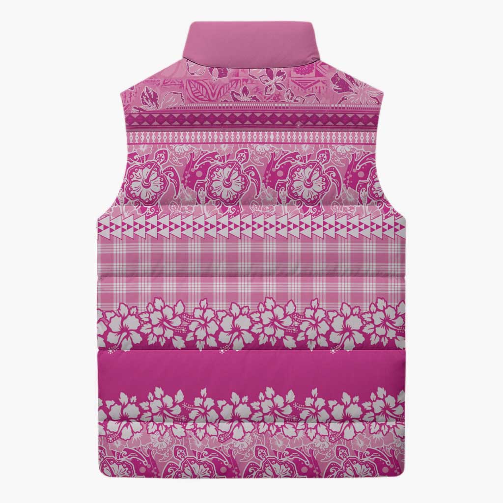 Hawaiian Hibiscus Honu Sleeveless Puffer Jacket Pink Mele Kalikimaka Palaka Spirit - Polynesian Pride