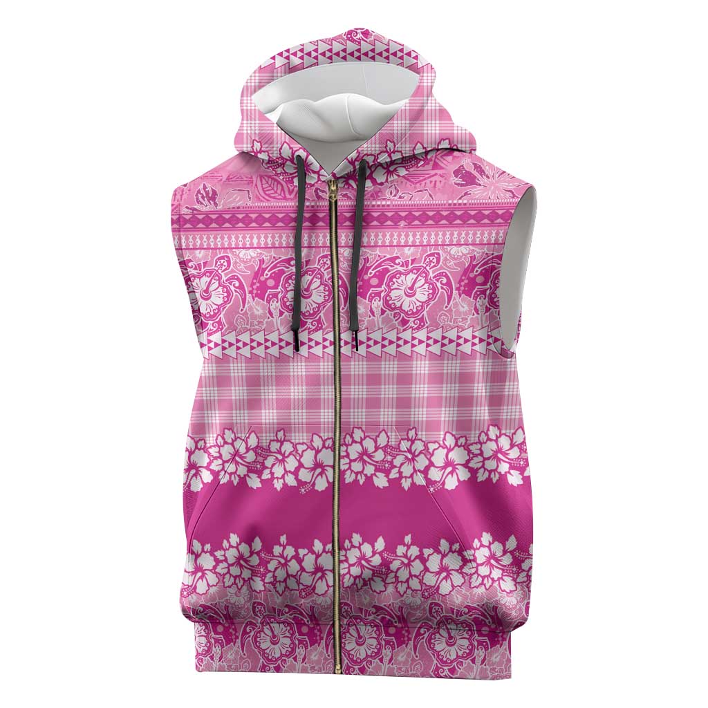 Hawaiian Hibiscus Honu Sleeveless Zip Hoodie Pink Mele Kalikimaka Palaka Spirit - Polynesian Pride