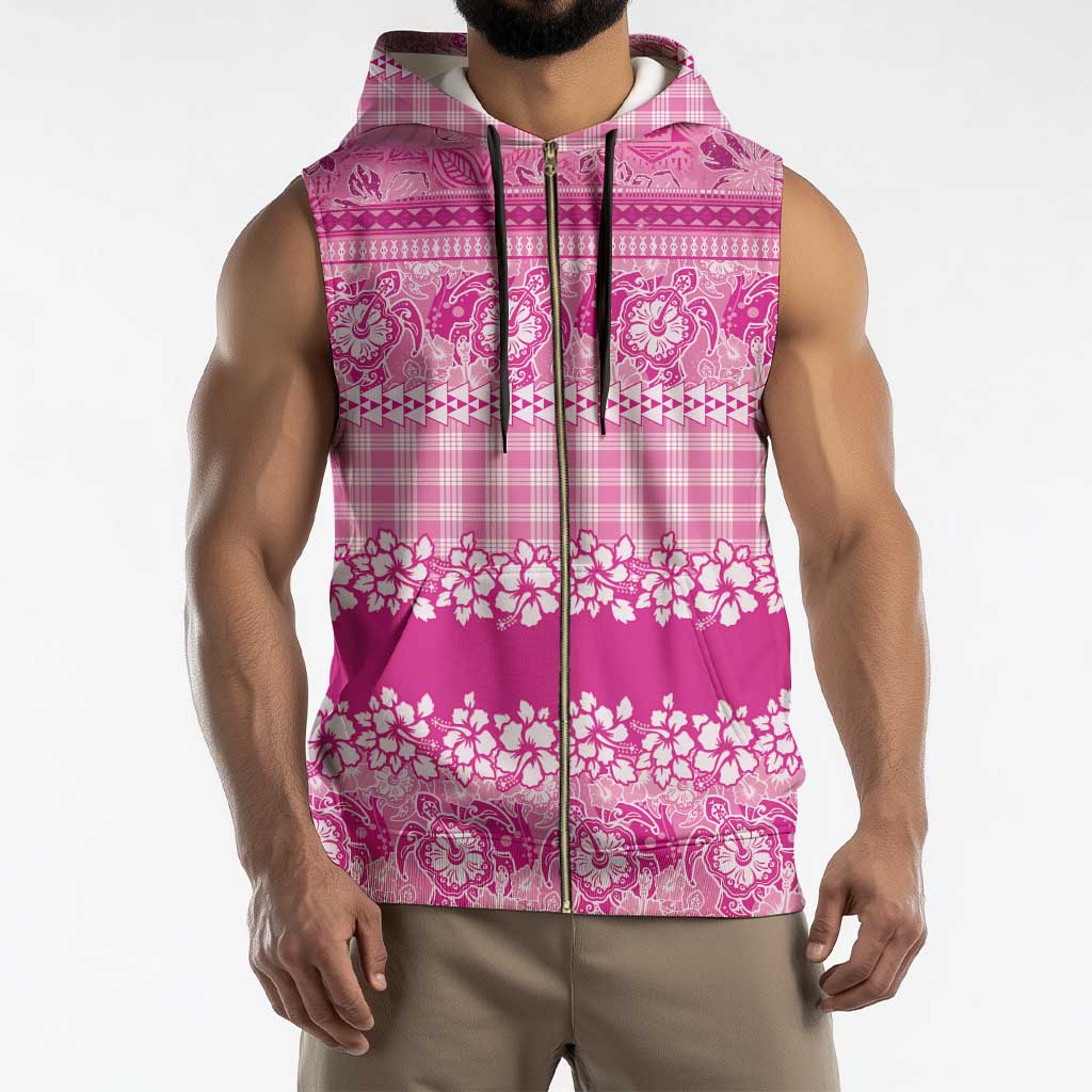 Hawaiian Hibiscus Honu Sleeveless Zip Hoodie Pink Mele Kalikimaka Palaka Spirit - Polynesian Pride