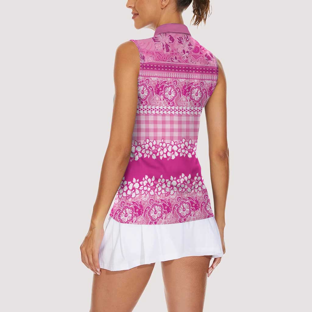 Hawaiian Hibiscus Honu Women Sleeveless Polo Shirt Pink Mele Kalikimaka Palaka Spirit - Polynesian Pride