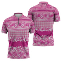 Hawaiian Hibiscus Honu Zipper Polo Shirt Pink Mele Kalikimaka Palaka Spirit - Polynesian Pride