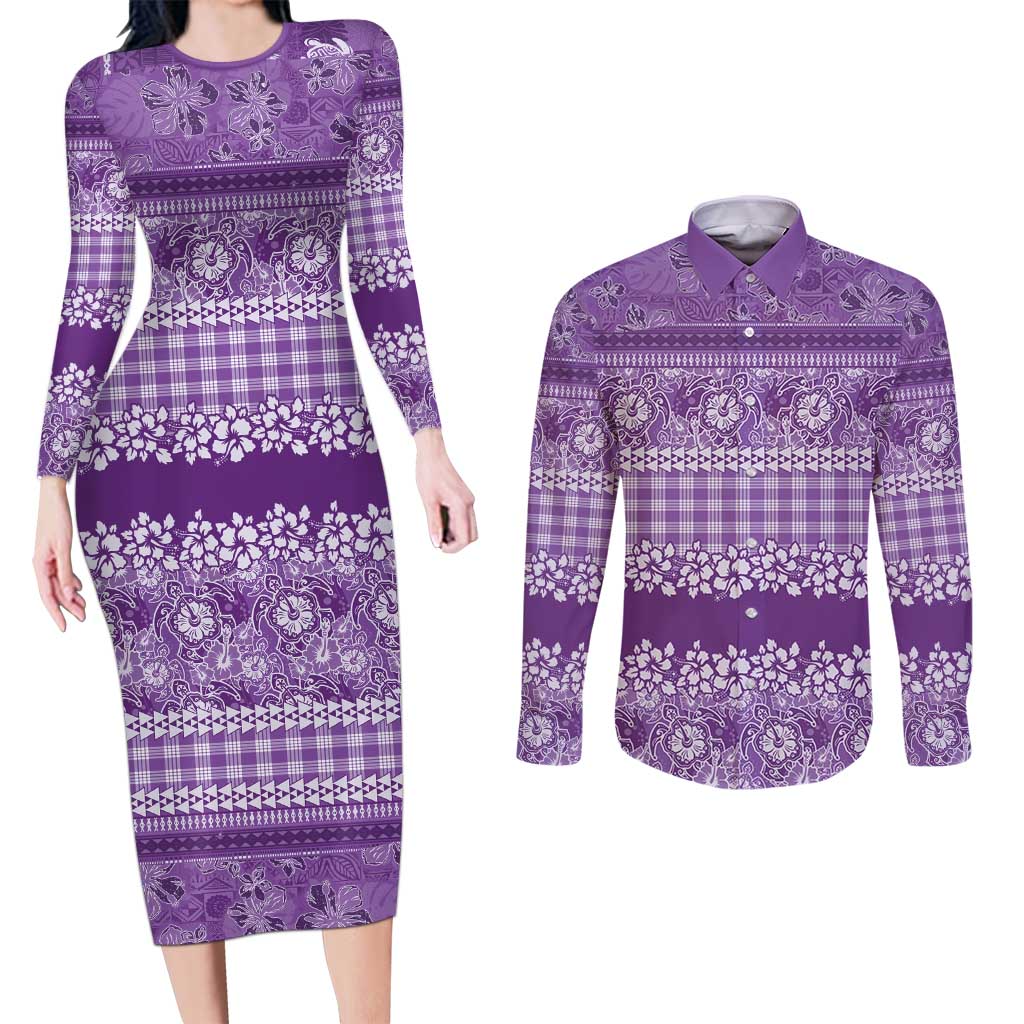 Hawaiian Hibiscus Honu Couples Matching Long Sleeve Bodycon Dress and Long Sleeve Button Shirt Purple Mele Kalikimaka Palaka Spirit - Polynesian Pride