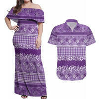 Hawaiian Hibiscus Honu Couples Matching Off Shoulder Maxi Dress and Hawaiian Shirt Purple Mele Kalikimaka Palaka Spirit - Polynesian Pride