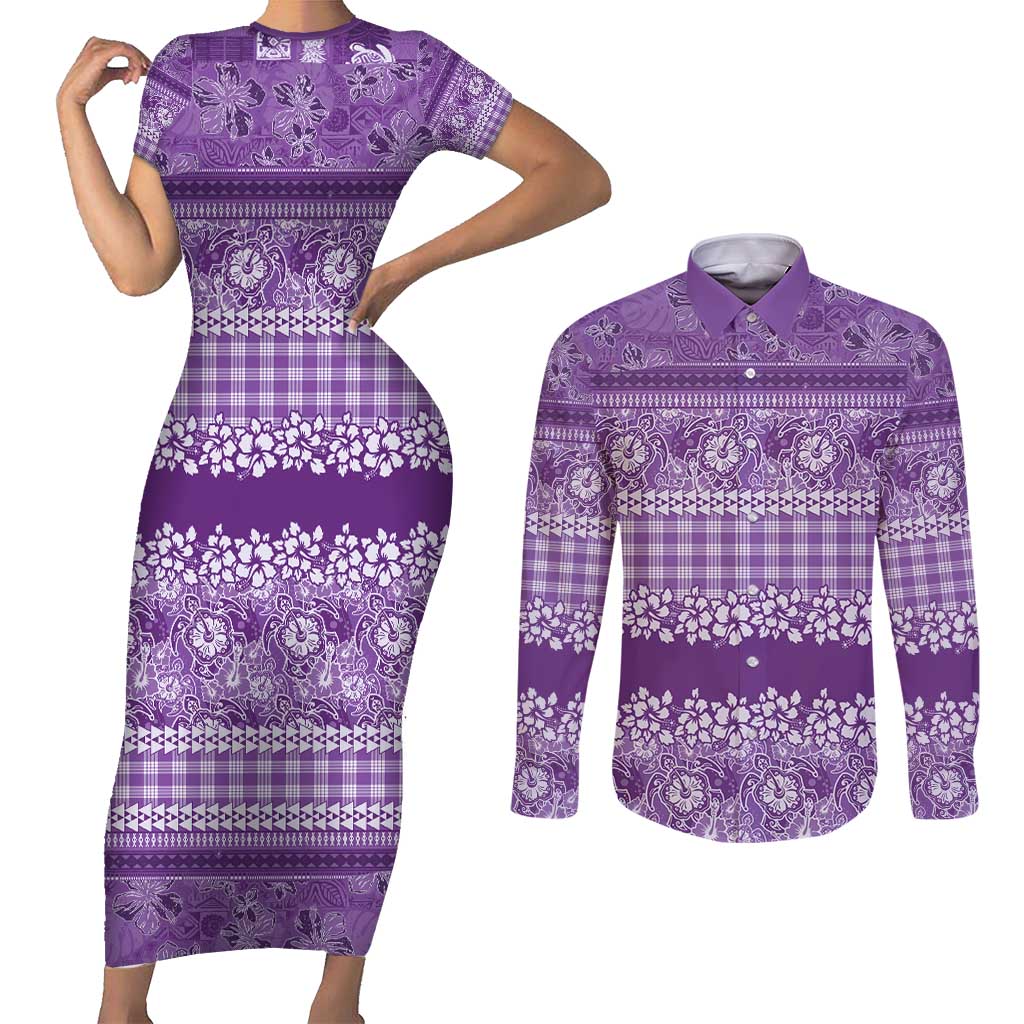 Hawaiian Hibiscus Honu Couples Matching Short Sleeve Bodycon Dress and Long Sleeve Button Shirt Purple Mele Kalikimaka Palaka Spirit - Polynesian Pride