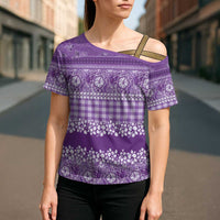 Hawaiian Hibiscus Honu Cross Shoulder Shirt Purple Mele Kalikimaka Palaka Spirit - Polynesian Pride