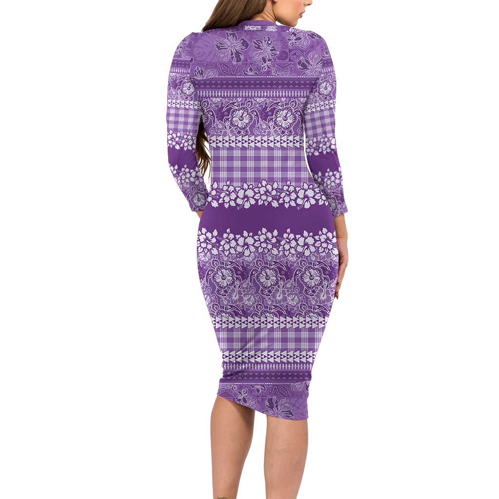 Hawaiian Hibiscus Honu Family Matching Long Sleeve Bodycon Dress and Hawaiian Shirt Purple Mele Kalikimaka Palaka Spirit - Polynesian Pride