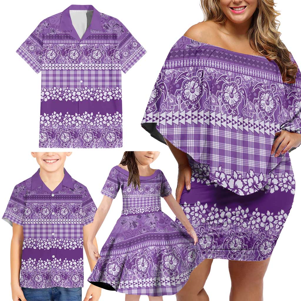 Hawaiian Hibiscus Honu Family Matching Off Shoulder Short Dress and Hawaiian Shirt Purple Mele Kalikimaka Palaka Spirit - Polynesian Pride