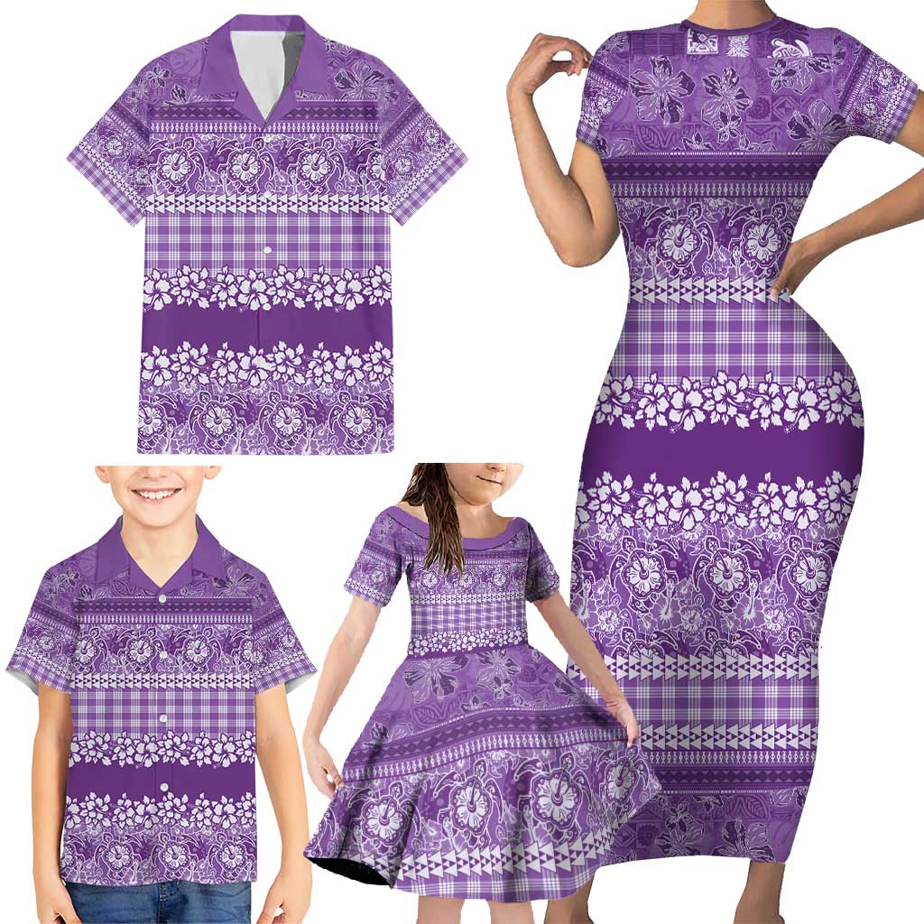 Hawaiian Hibiscus Honu Family Matching Short Sleeve Bodycon Dress and Hawaiian Shirt Purple Mele Kalikimaka Palaka Spirit - Polynesian Pride