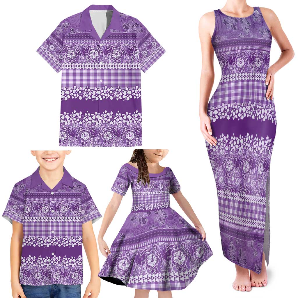 Hawaiian Hibiscus Honu Family Matching Tank Maxi Dress and Hawaiian Shirt Purple Mele Kalikimaka Palaka Spirit - Polynesian Pride