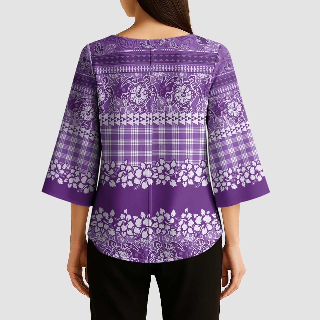 Hawaiian Hibiscus Honu Kimono Sleeve Blouse Purple Mele Kalikimaka Palaka Spirit - Polynesian Pride