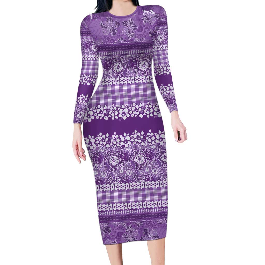 Hawaiian Hibiscus Honu Long Sleeve Bodycon Dress Purple Mele Kalikimaka Palaka Spirit - Polynesian Pride