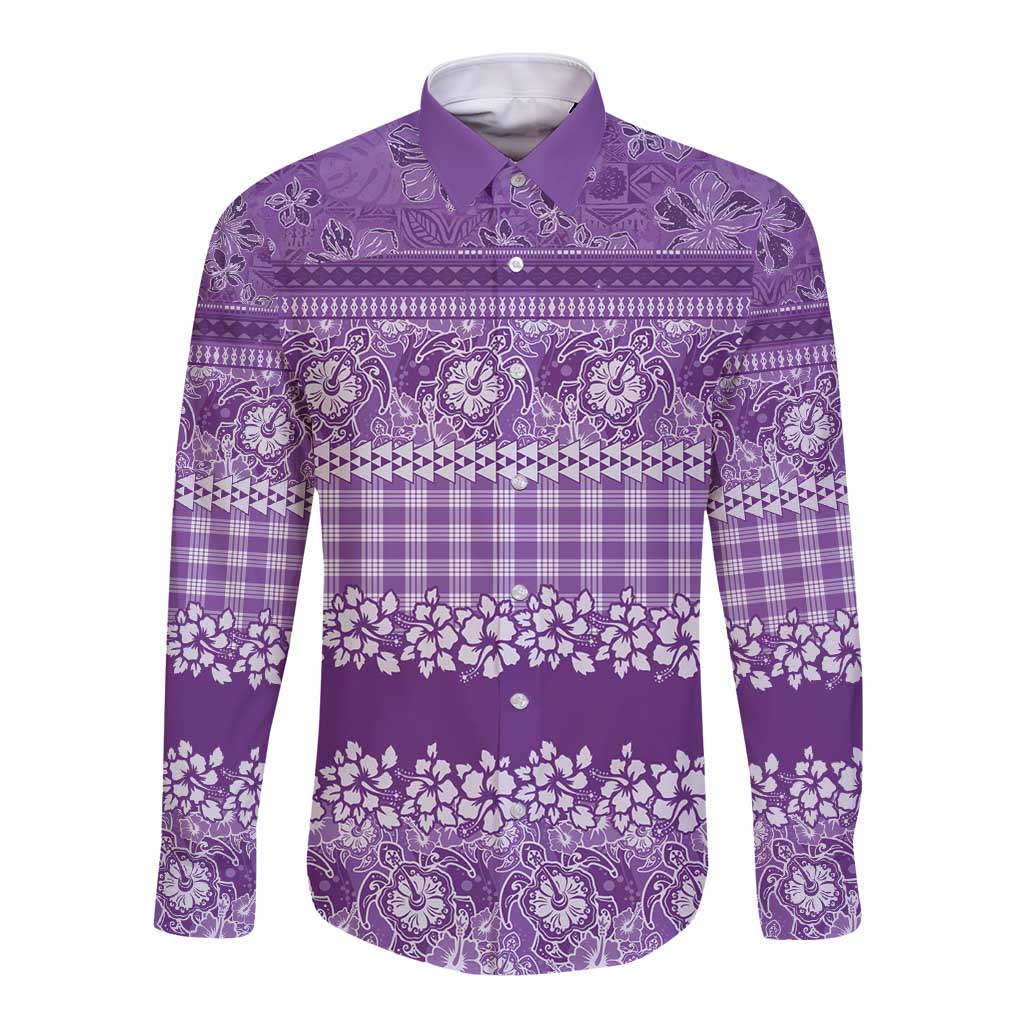 Hawaiian Hibiscus Honu Long Sleeve Button Shirt Purple Mele Kalikimaka Palaka Spirit - Polynesian Pride