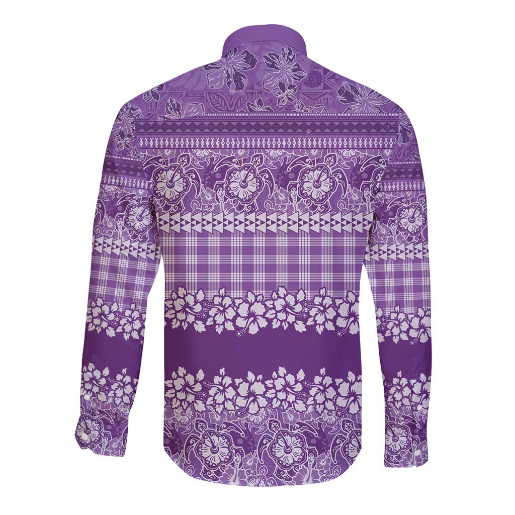Hawaiian Hibiscus Honu Long Sleeve Button Shirt Purple Mele Kalikimaka Palaka Spirit - Polynesian Pride