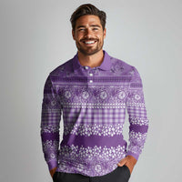 Hawaiian Hibiscus Honu Long Sleeve Polo Shirt Purple Mele Kalikimaka Palaka Spirit - Polynesian Pride