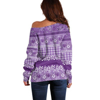 Hawaiian Hibiscus Honu Off Shoulder Sweater Purple Mele Kalikimaka Palaka Spirit - Polynesian Pride