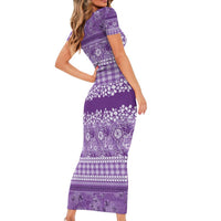 Hawaiian Hibiscus Honu Short Sleeve Bodycon Dress Purple Mele Kalikimaka Palaka Spirit - Polynesian Pride