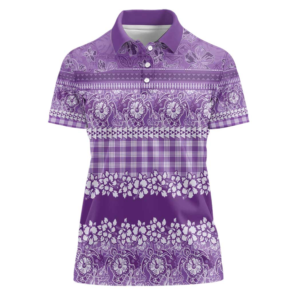 Hawaiian Hibiscus Honu Women Polo Shirt Purple Mele Kalikimaka Palaka Spirit - Polynesian Pride