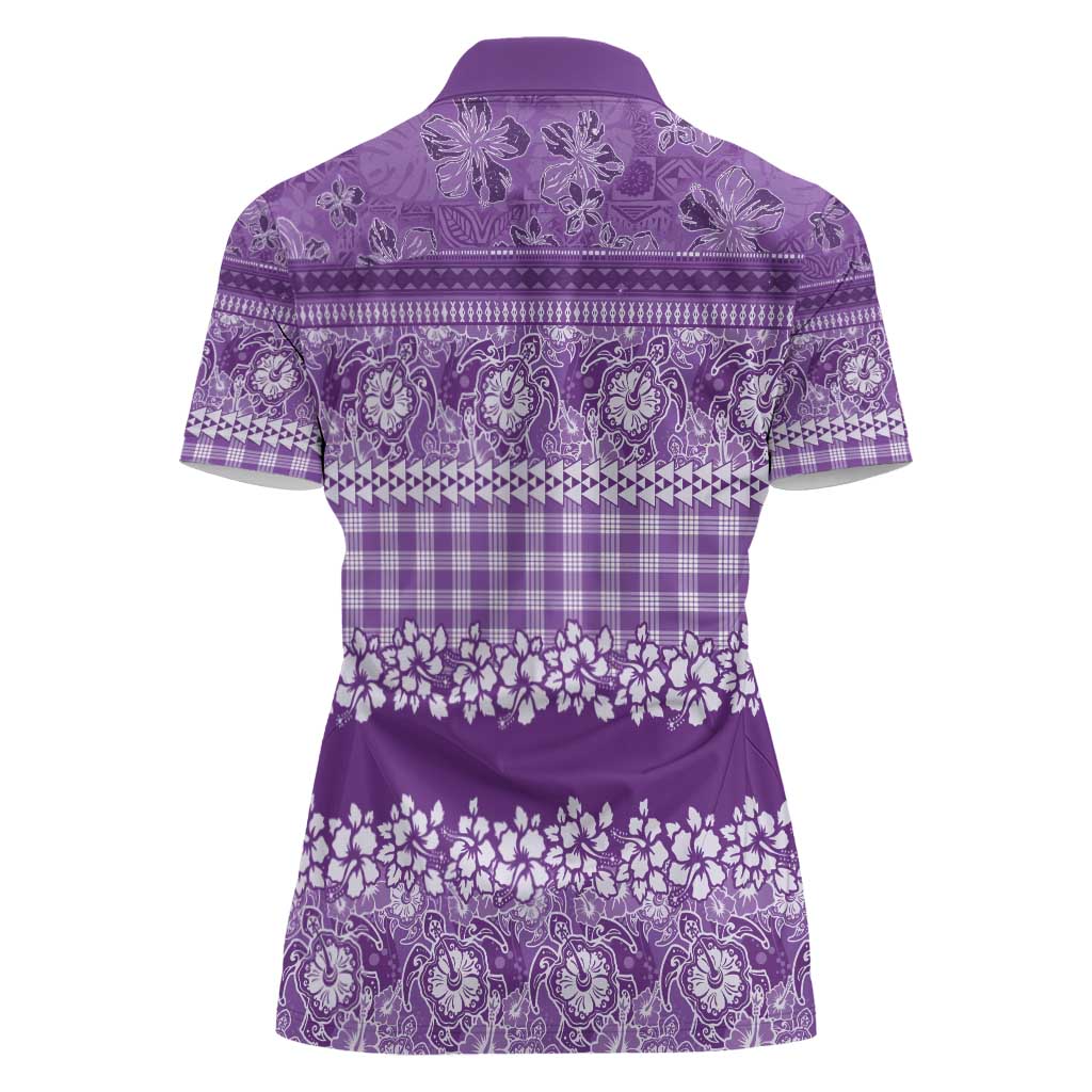Hawaiian Hibiscus Honu Women Polo Shirt Purple Mele Kalikimaka Palaka Spirit - Polynesian Pride