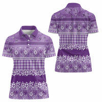 Hawaiian Hibiscus Honu Women Polo Shirt Purple Mele Kalikimaka Palaka Spirit - Polynesian Pride