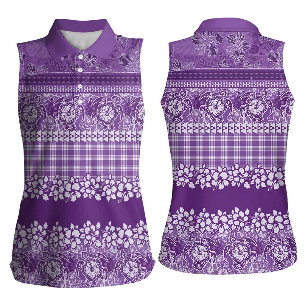 Hawaiian Hibiscus Honu Women Sleeveless Polo Shirt Purple Mele Kalikimaka Palaka Spirit - Polynesian Pride