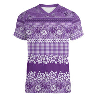 Hawaiian Hibiscus Honu Women V-Neck T-Shirt Purple Mele Kalikimaka Palaka Spirit - Polynesian Pride