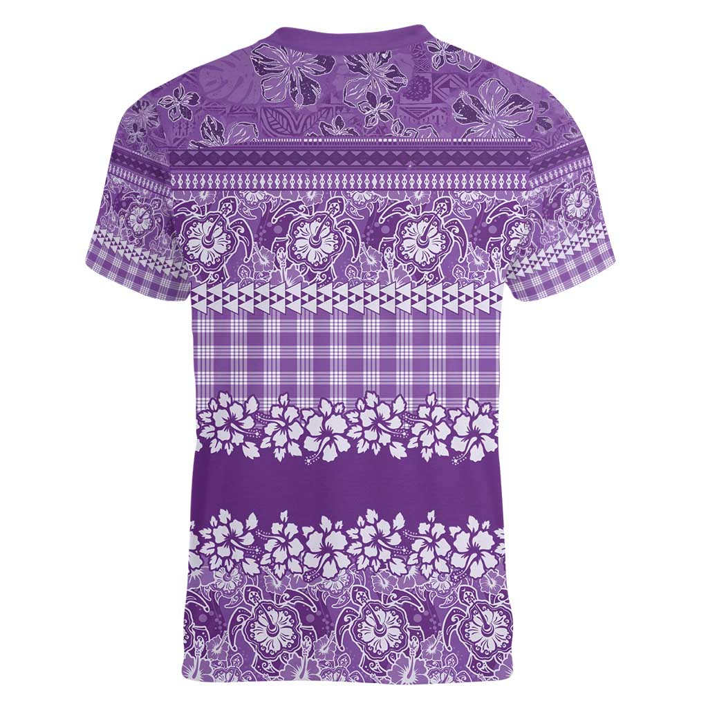 Hawaiian Hibiscus Honu Women V-Neck T-Shirt Purple Mele Kalikimaka Palaka Spirit - Polynesian Pride