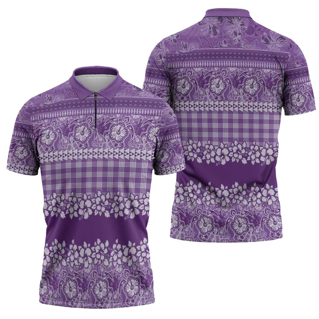 Hawaiian Hibiscus Honu Zipper Polo Shirt Purple Mele Kalikimaka Palaka Spirit - Polynesian Pride