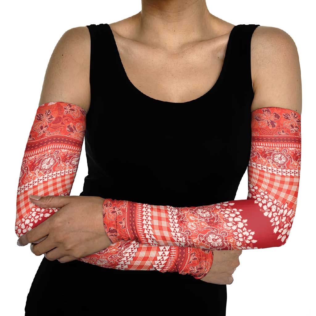 Hawaiian Hibiscus Honu Arm Sleeves Red Mele Kalikimaka Palaka Spirit - Polynesian Pride