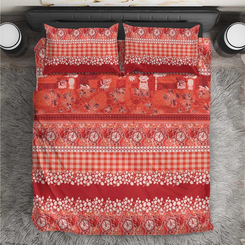 Hawaiian Hibiscus Honu Bedding Set Red Mele Kalikimaka Palaka Spirit - Polynesian Pride
