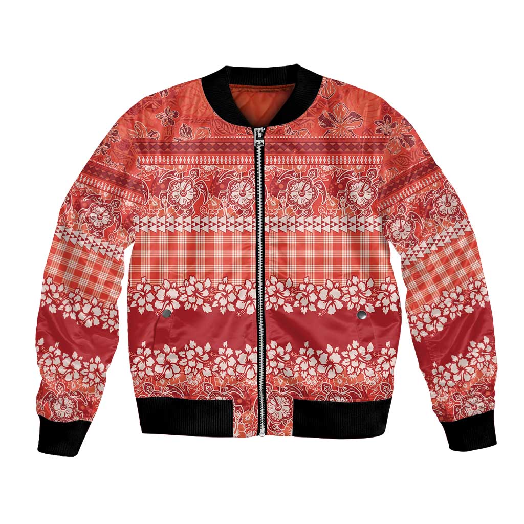 Hawaiian Hibiscus Honu Bomber Jacket Red Mele Kalikimaka Palaka Spirit - Polynesian Pride