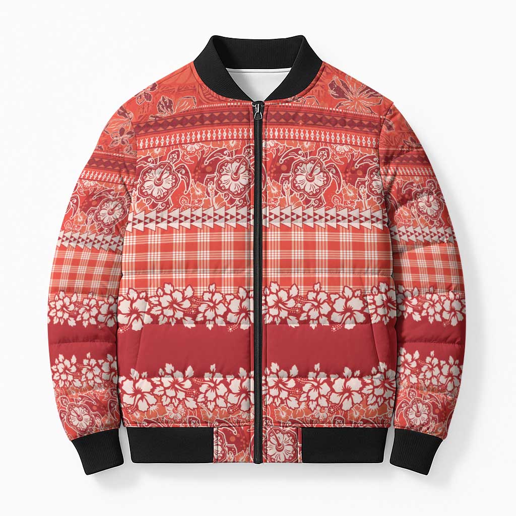 Hawaiian Hibiscus Honu Bomber Puffer Jacket Red Mele Kalikimaka Palaka Spirit - Polynesian Pride