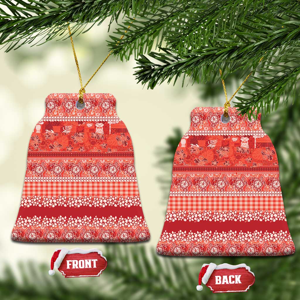 Hawaiian Hibiscus Honu Ceramic Ornament Red Mele Kalikimaka Palaka Spirit - Polynesian Pride