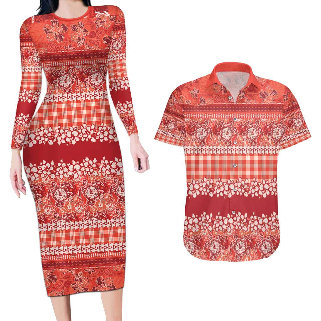 Hawaiian Hibiscus Honu Couples Matching Long Sleeve Bodycon Dress and Hawaiian Shirt Red Mele Kalikimaka Palaka Spirit - Polynesian Pride