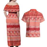 Hawaiian Hibiscus Honu Couples Matching Off Shoulder Maxi Dress and Hawaiian Shirt Red Mele Kalikimaka Palaka Spirit - Polynesian Pride