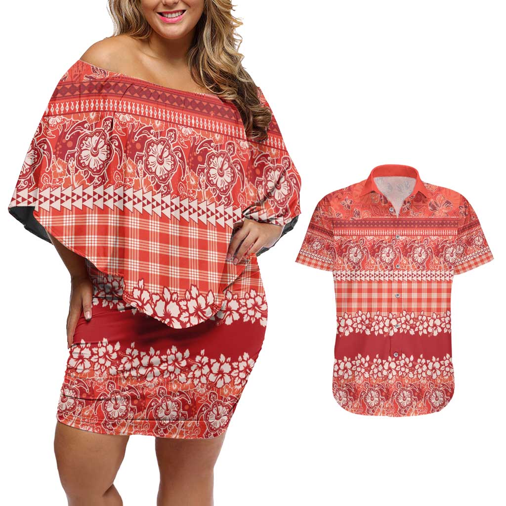 Hawaiian Hibiscus Honu Couples Matching Off Shoulder Short Dress and Hawaiian Shirt Red Mele Kalikimaka Palaka Spirit - Polynesian Pride