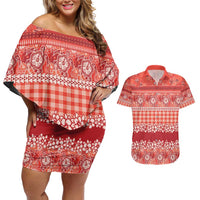 Hawaiian Hibiscus Honu Couples Matching Off Shoulder Short Dress and Hawaiian Shirt Red Mele Kalikimaka Palaka Spirit - Polynesian Pride