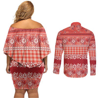 Hawaiian Hibiscus Honu Couples Matching Off Shoulder Short Dress and Long Sleeve Button Shirt Red Mele Kalikimaka Palaka Spirit - Polynesian Pride