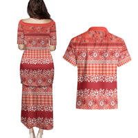 Hawaiian Hibiscus Honu Couples Matching Puletasi and Hawaiian Shirt Red Mele Kalikimaka Palaka Spirit - Polynesian Pride